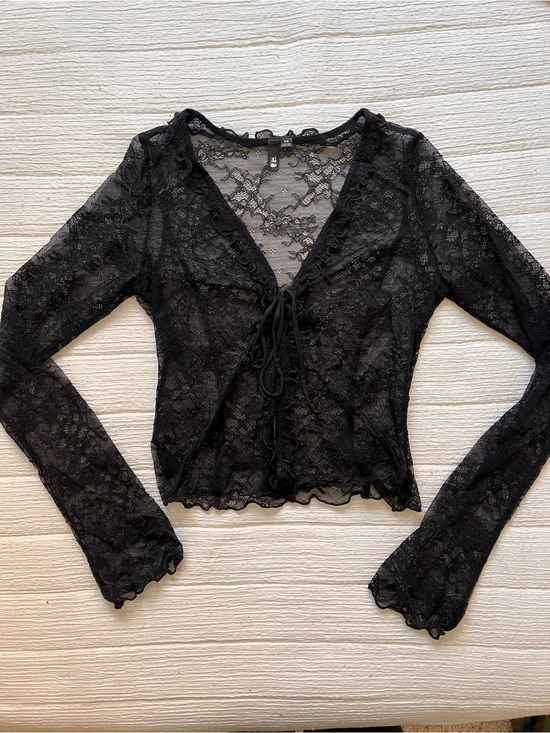 Garage Tops - Garage Black Lace Tie-Front Long Sleeve Top